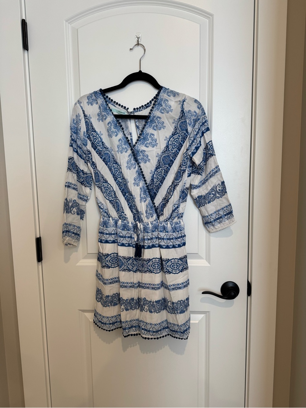 Maurices White Romper with Blue Paisley Print